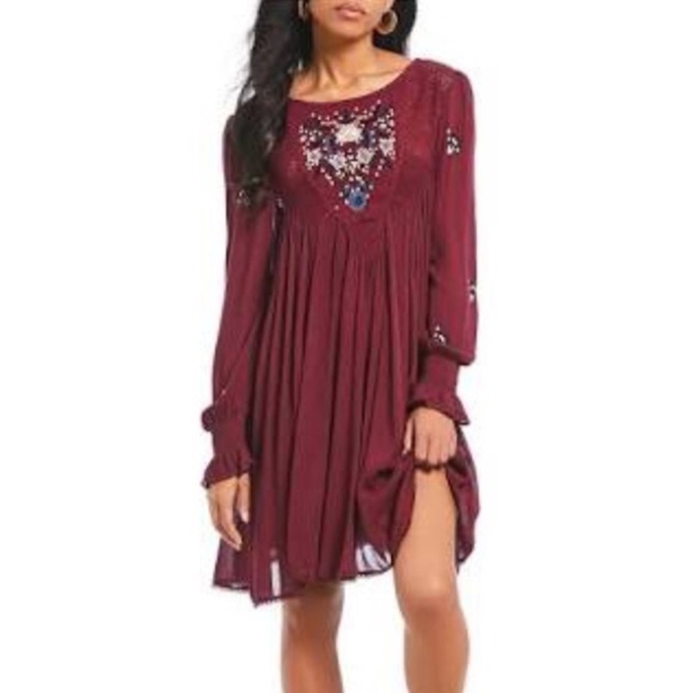 Free People Burgundy Embroidered Boho Long-Sleeve Dress